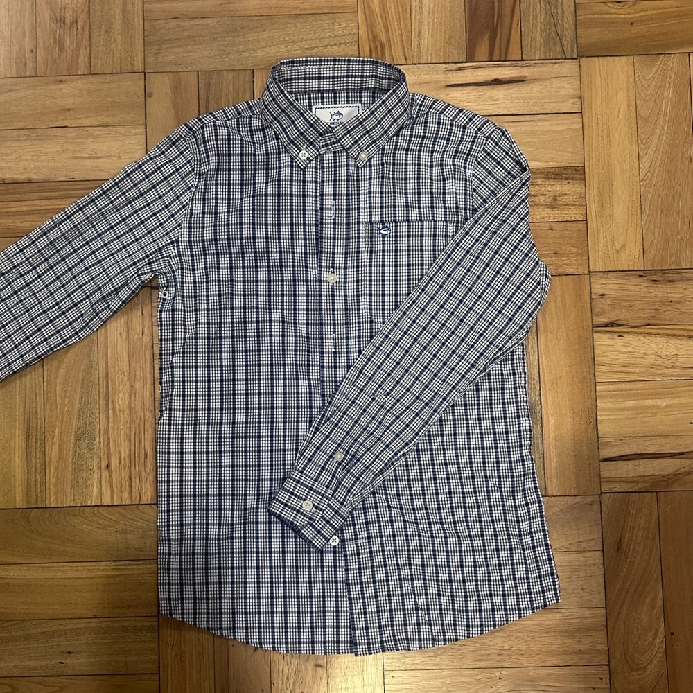 Southern Tide blue plaid button-down shirt, youth size medium 8/10